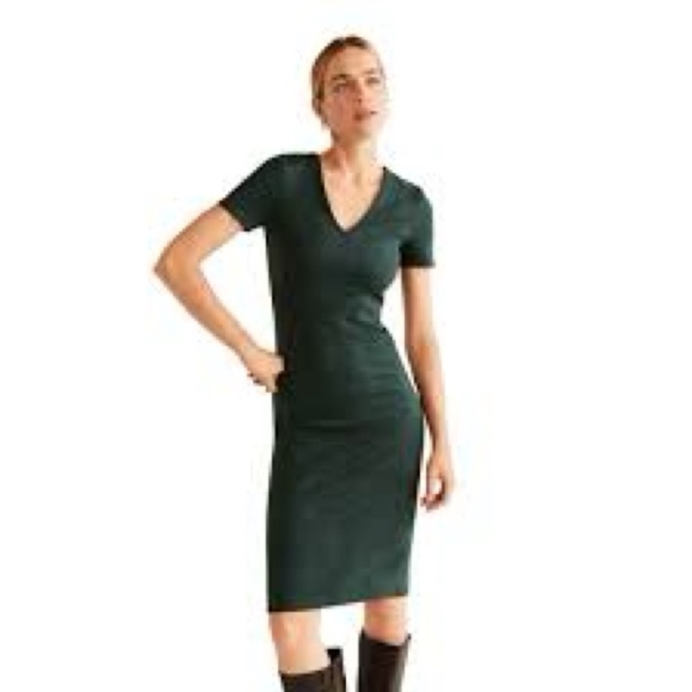 Mng Mango Susan Seam V Neck Suede Short Sleeve Shift Dress Green Size 8